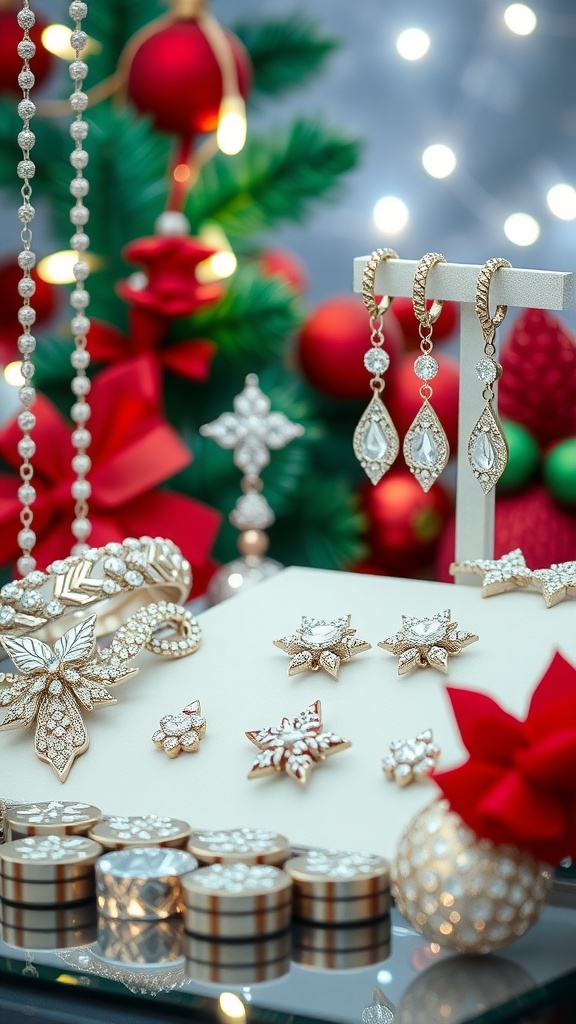 Elegant Christmas jewelry display with necklaces, earrings, and bracelets on a festive background.
